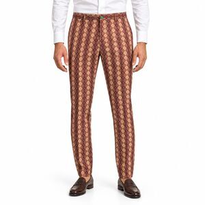 Mens 36 Brown Argyle Diamond Cotton Slim Fit Flat Front Dress Pants Trousers NWT